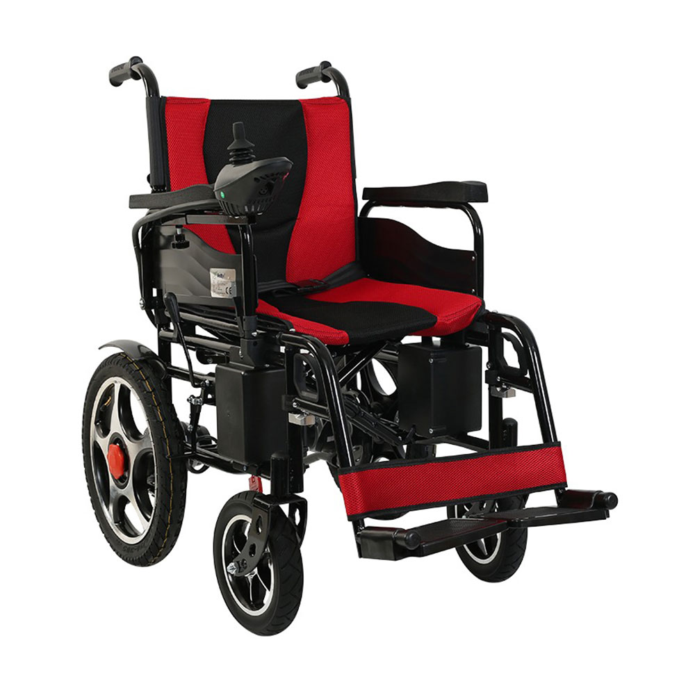 Scaun cu rotile electric, pliabil, manere rabatabile, rosu/negru