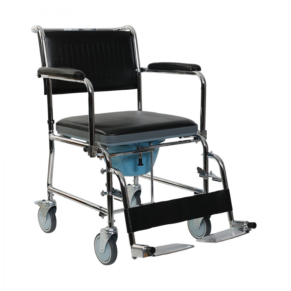 Scaun cu rotile si vas de toaleta, spatar si manere rabatabile, suporti picioare, sezut 44cm, negru