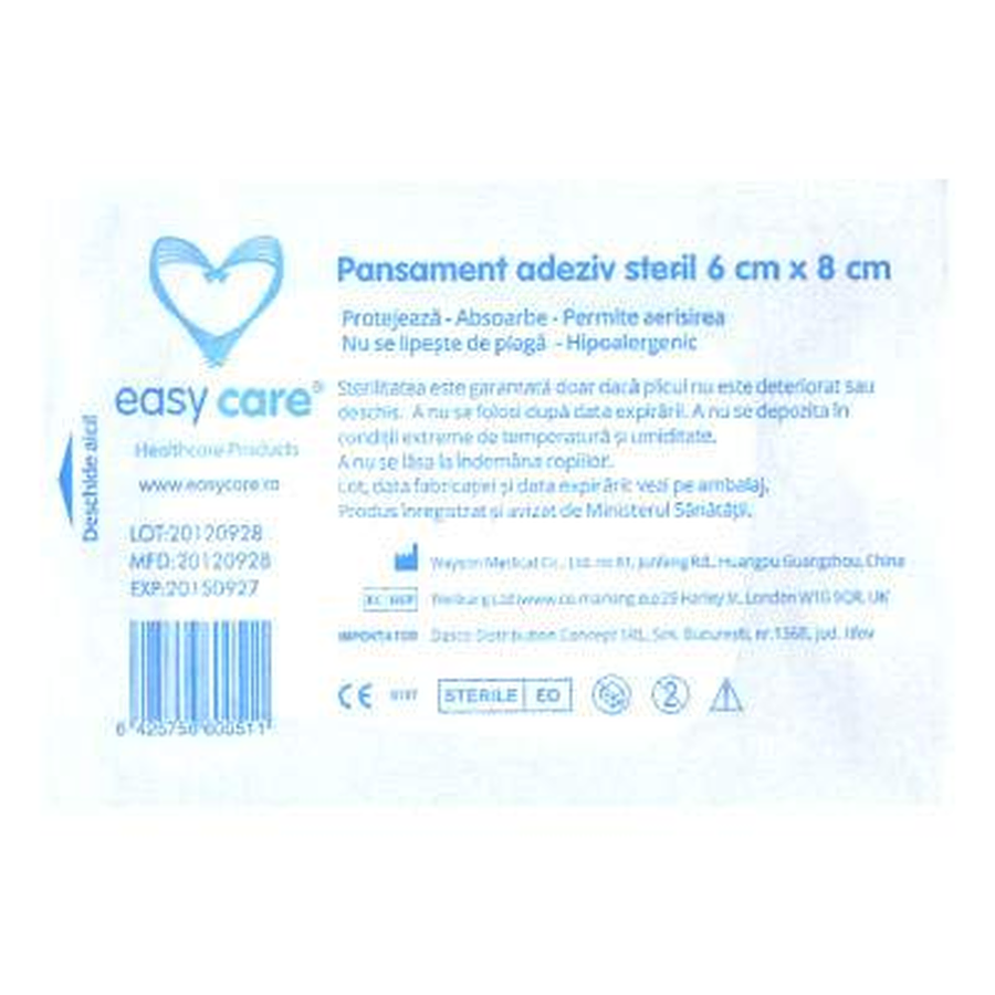 Pansament Adeziv Steril Cu Tampon Absorbant 6 Cm X 8 Cm Easycare